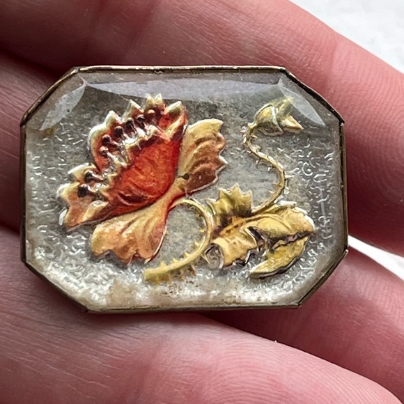 Antique Goofus Glass Intaglio Foral Pin - Picture 4 of 11